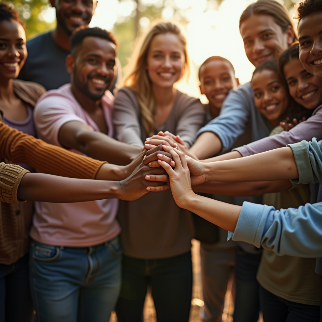 Diverse community members joining hands in unity, representing philanthropic collaboration and charitable giving, with warm lighting and hopeful expressions