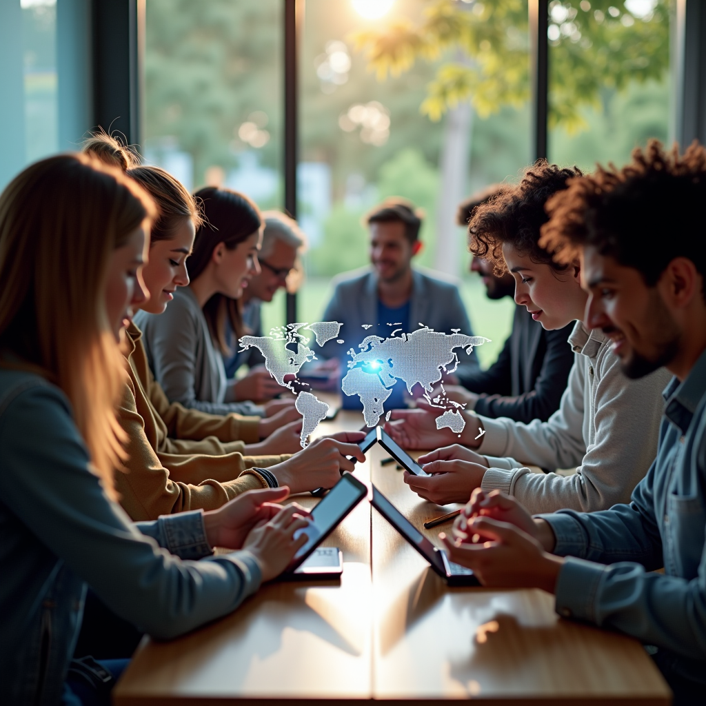 Modern digital philanthropy concept showing diverse people using smartphones and tablets to make charitable donations, with holographic displays of global connectivity, donation graphs, and nonprofit organization logos floating above their devices in a bright, optimistic setting