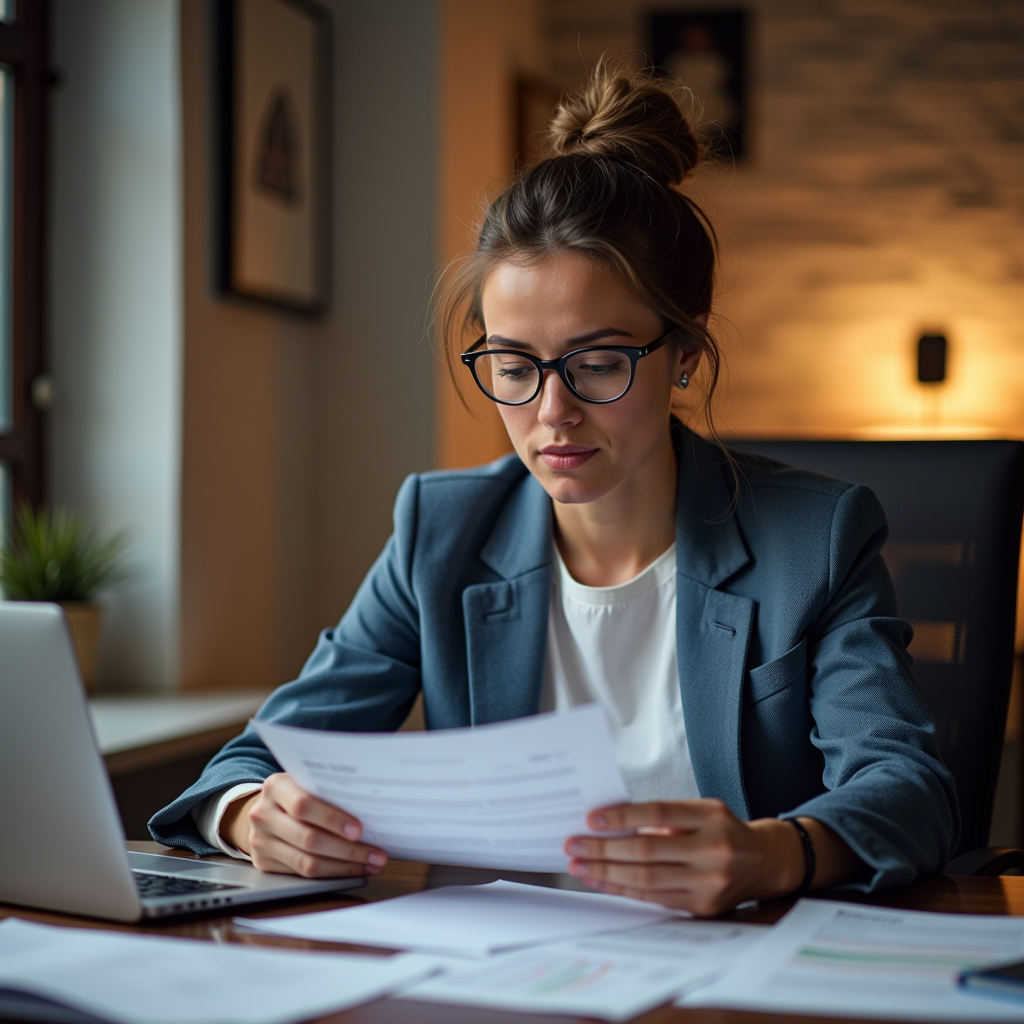 Professional grant writer reviewing documents at desk with laptop, surrounded by foundation guidelines and proposal drafts, warm office lighting highlighting dedication to nonprofit funding success