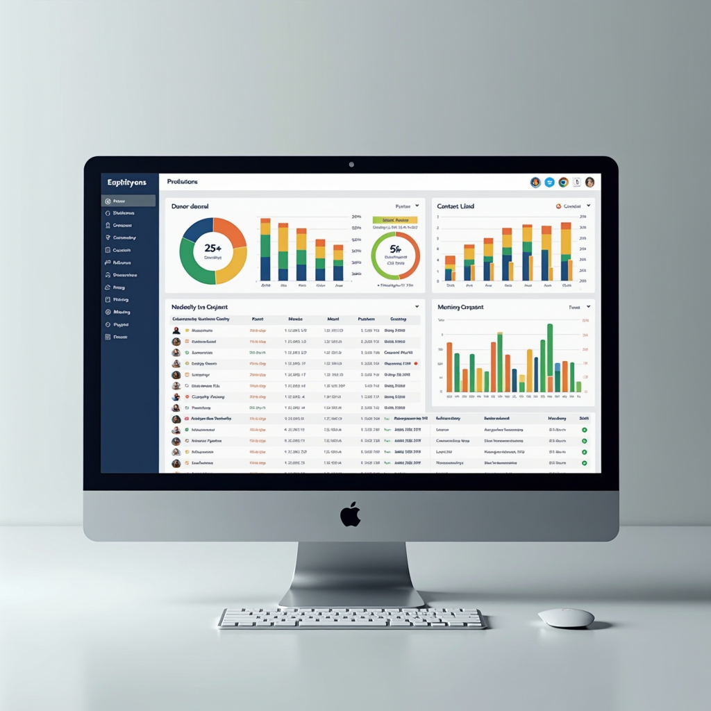 Modern computer screen displaying donor management software with colorful charts, graphs showing donation trends, and organized contact lists, representing efficient nonprofit CRM system