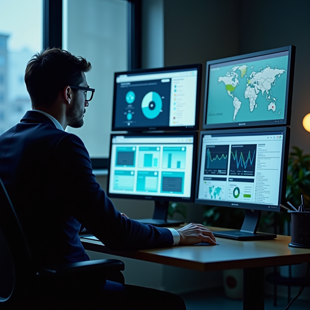 Research analyst working with multiple monitors displaying foundation databases, donor profiles, and funding opportunity reports, magnifying glass icon emphasizing detailed investigation